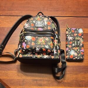 Loungefly Black Floral Backpack and Wallet Set
